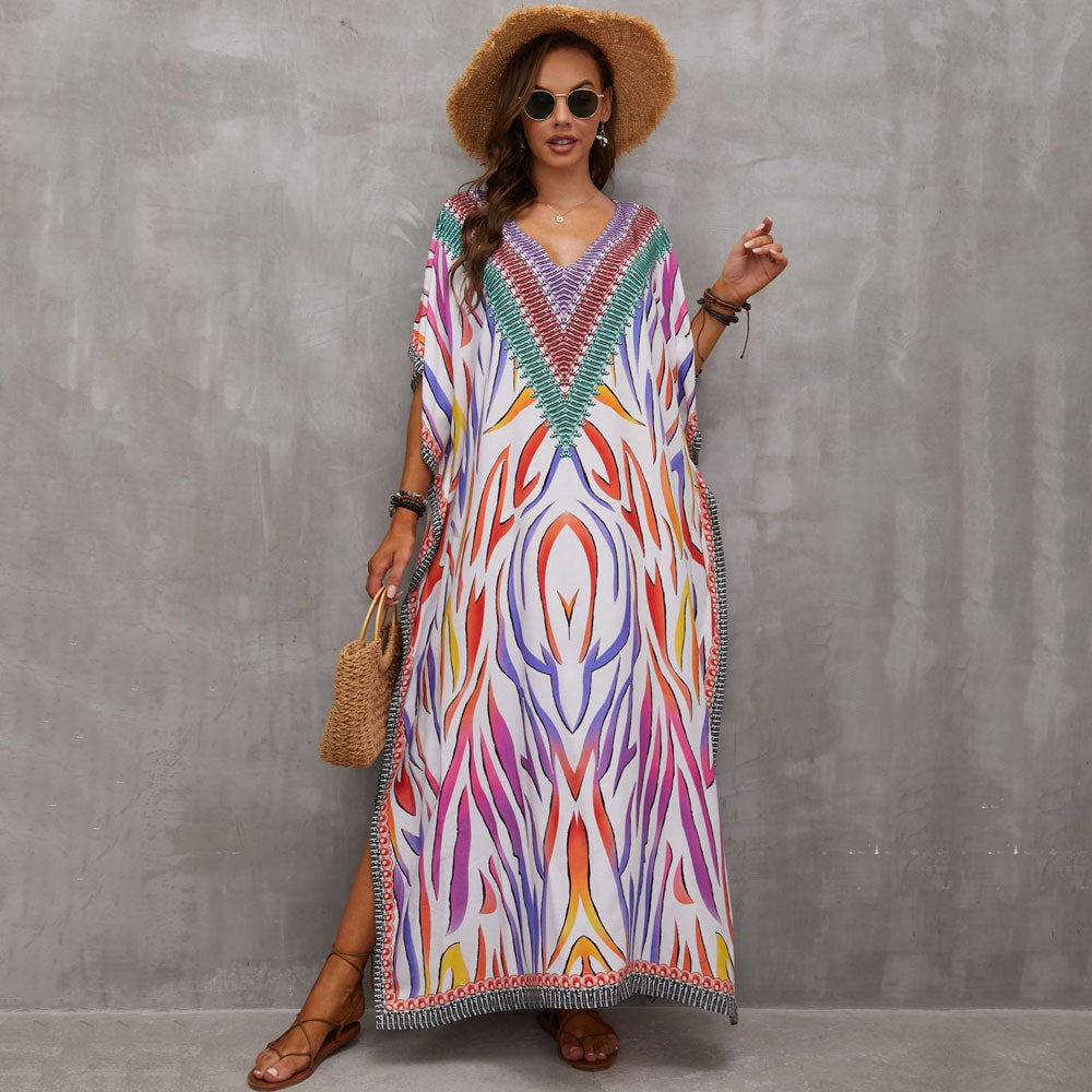 Vibrant Printed V Neck Short Sleeve Cotton Blend Caftan Beach Cover Up