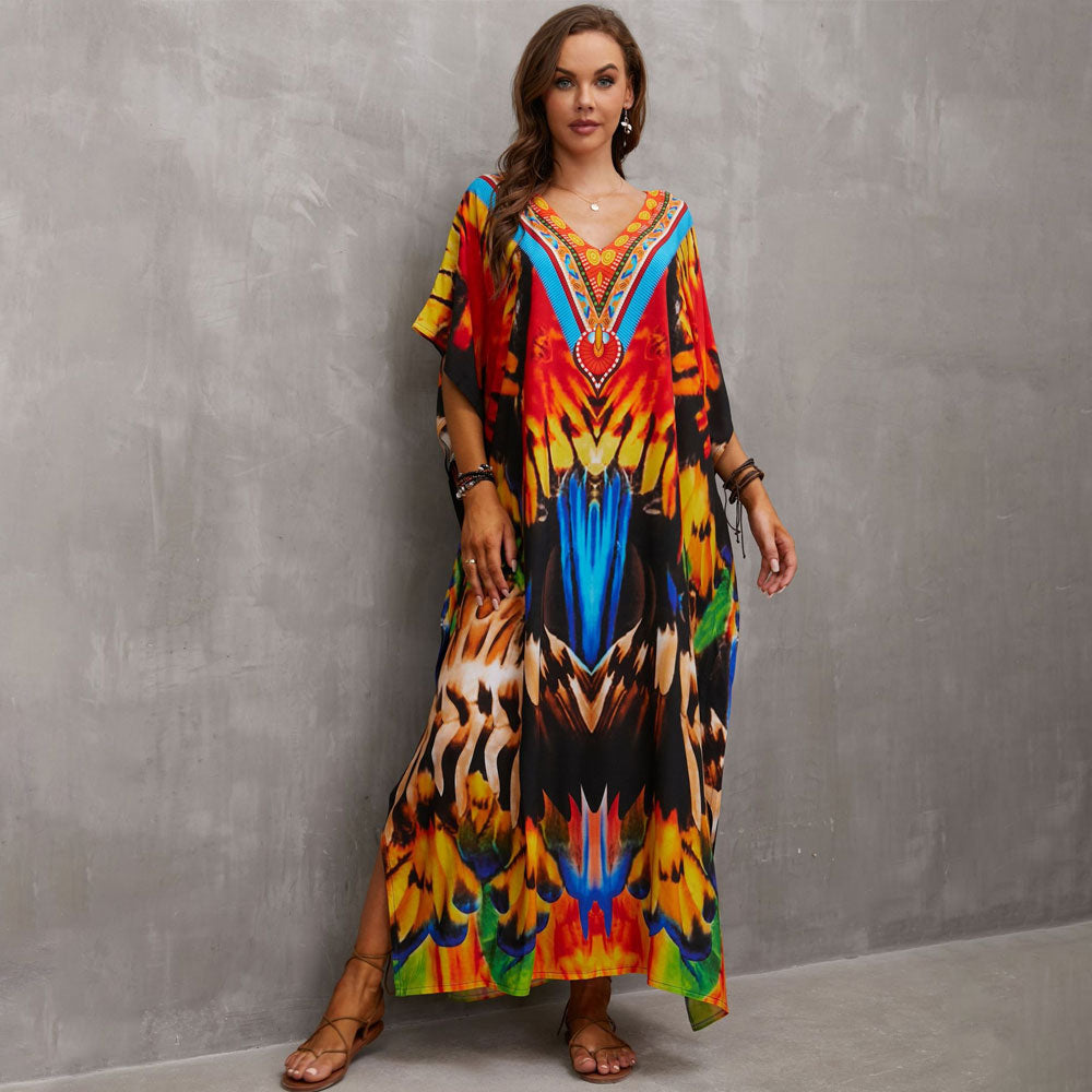 Vibrant Printed V Neck Short Sleeve Cotton Blend Caftan Beach Cover Up