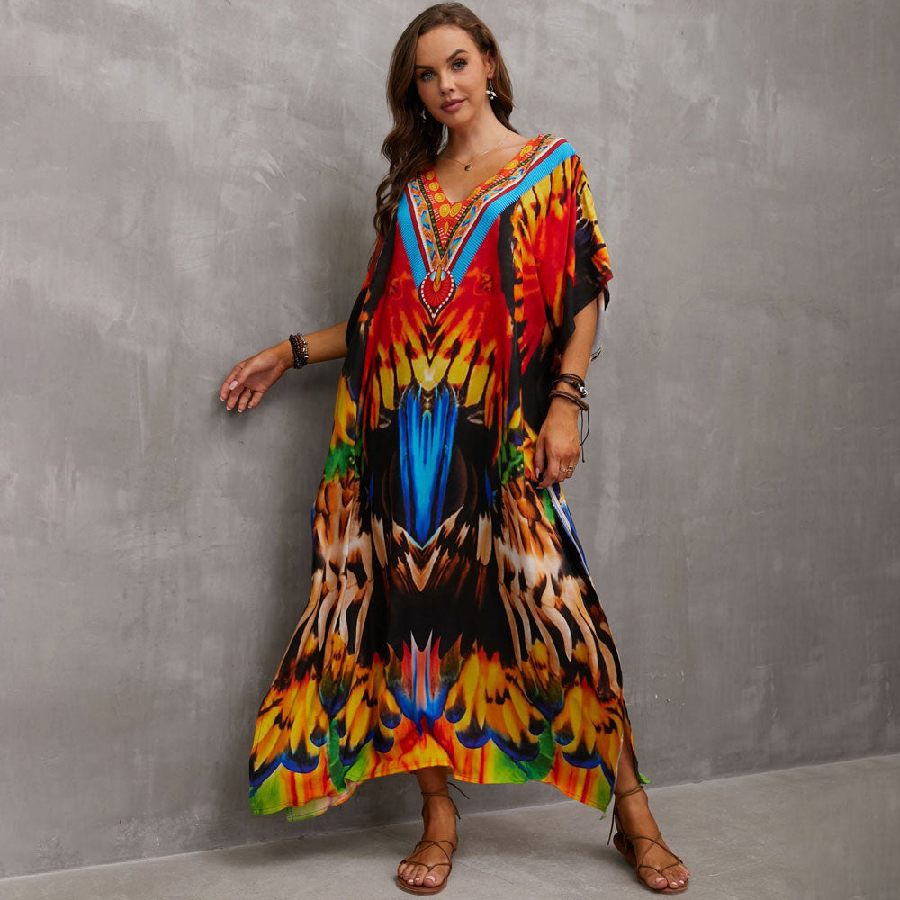 Vibrant Printed V Neck Short Sleeve Cotton Blend Caftan Beach Cover Up