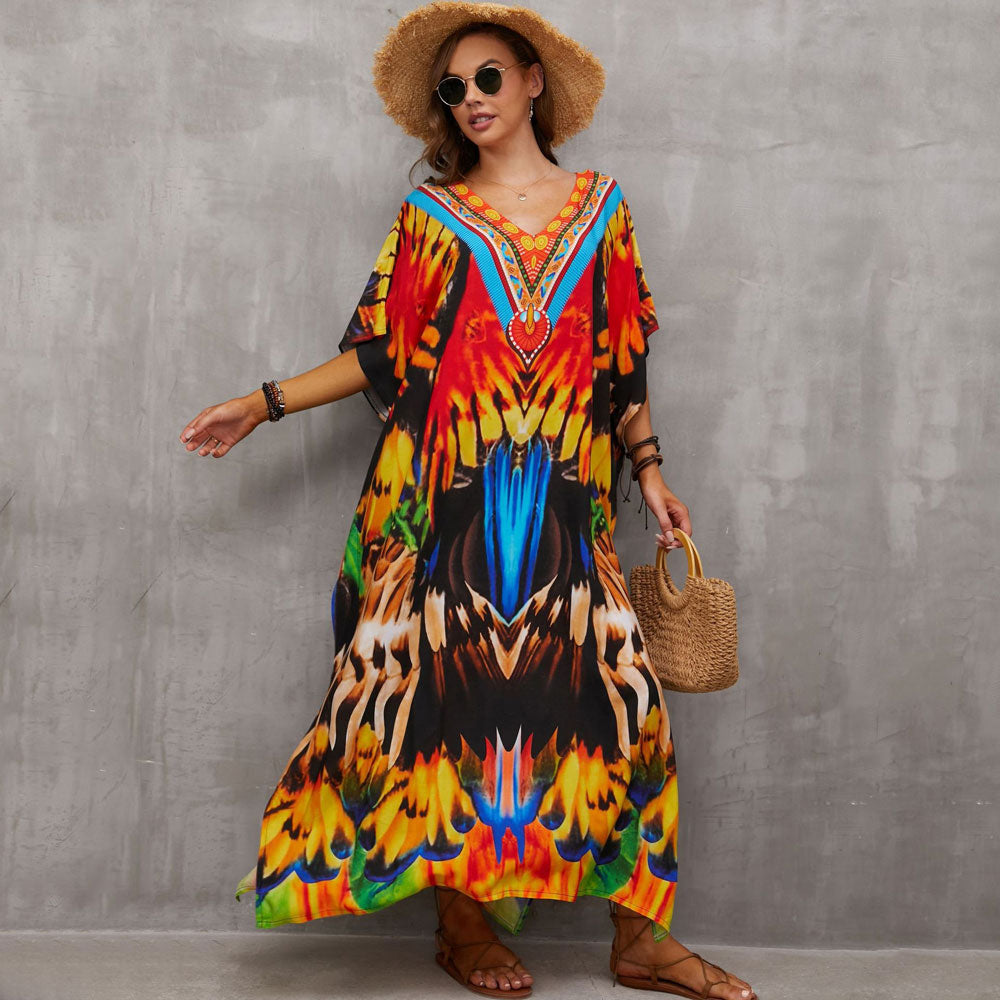 Vibrant Printed V Neck Short Sleeve Cotton Blend Caftan Beach Cover Up