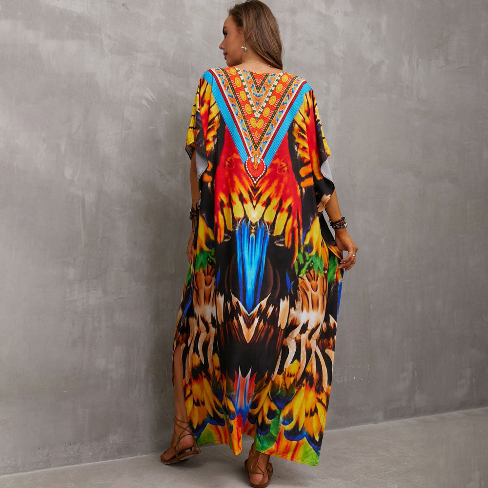 Vibrant Printed V Neck Short Sleeve Cotton Blend Caftan Beach Cover Up