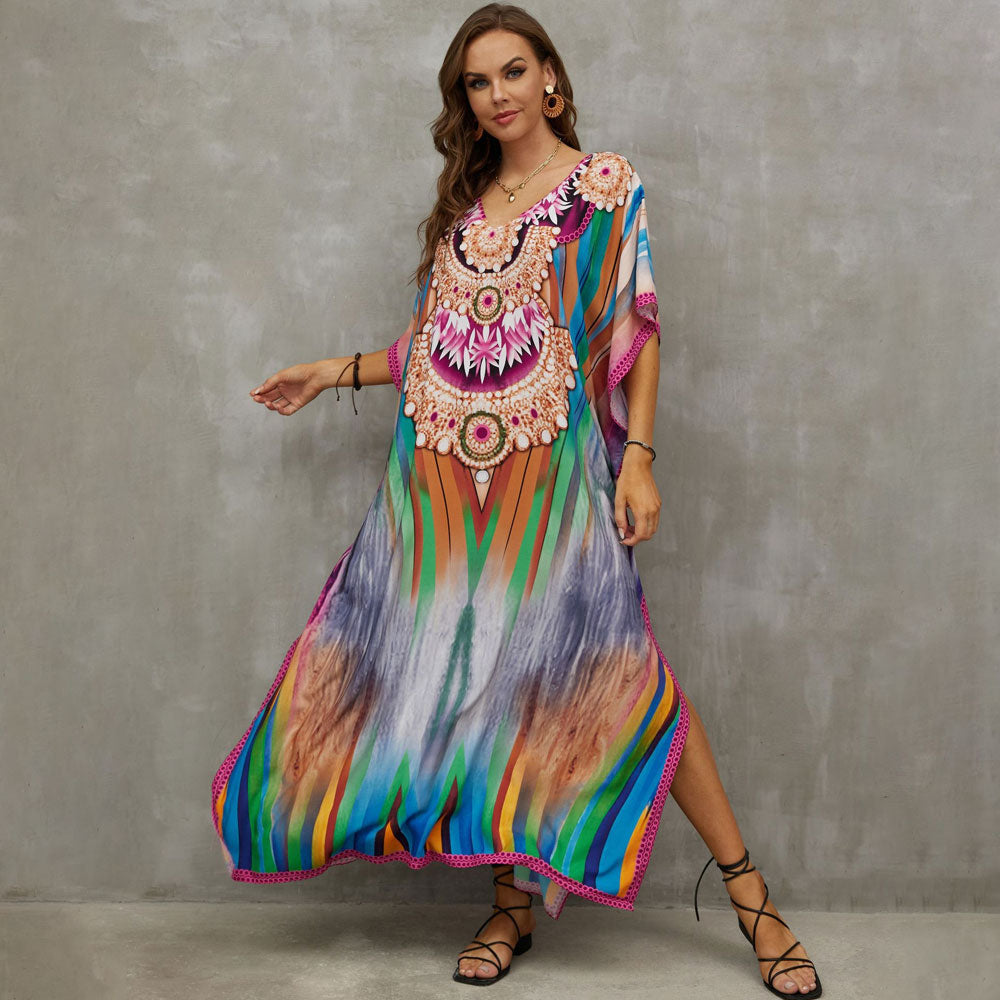 Vibrant Printed V Neck Short Sleeve Cotton Blend Caftan Beach Cover Up