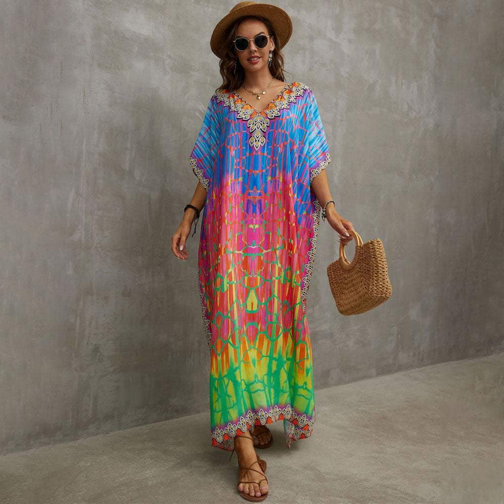 Vibrant Printed V Neck Short Sleeve Cotton Blend Caftan Beach Cover Up