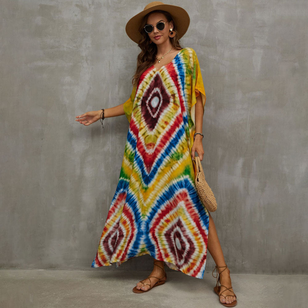 Vibrant Printed V Neck Short Sleeve Cotton Blend Caftan Beach Cover Up