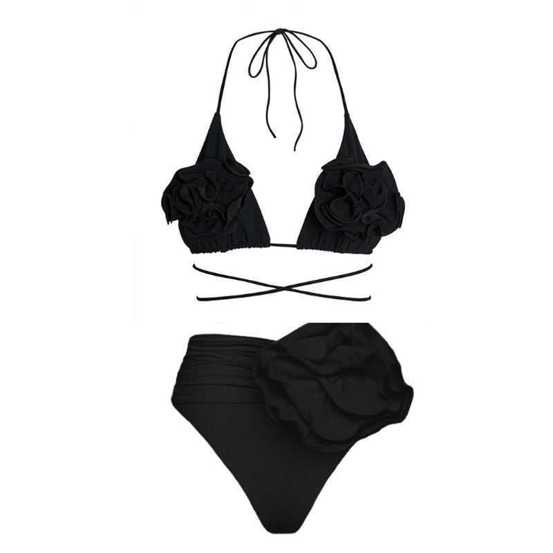 Vintage 3D Flower Ruched High Waist Wrap Triangle Brazilian Two Piece Bikini
