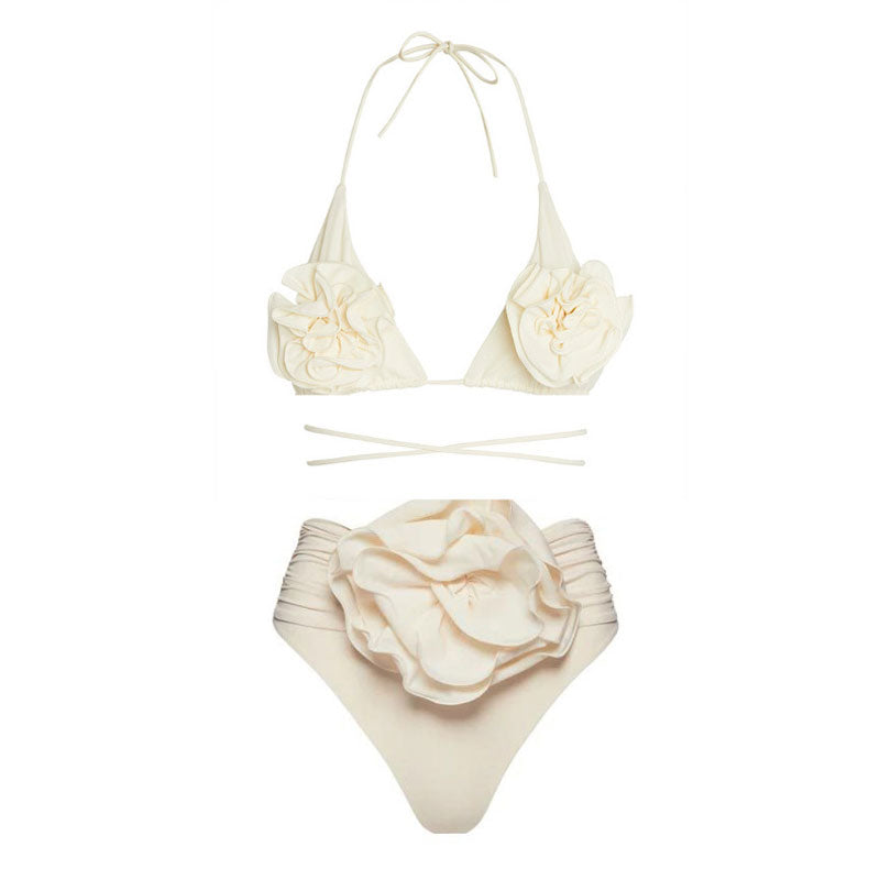 Vintage 3D Flower Ruched High Waist Wrap Triangle Brazilian Two Piece Bikini