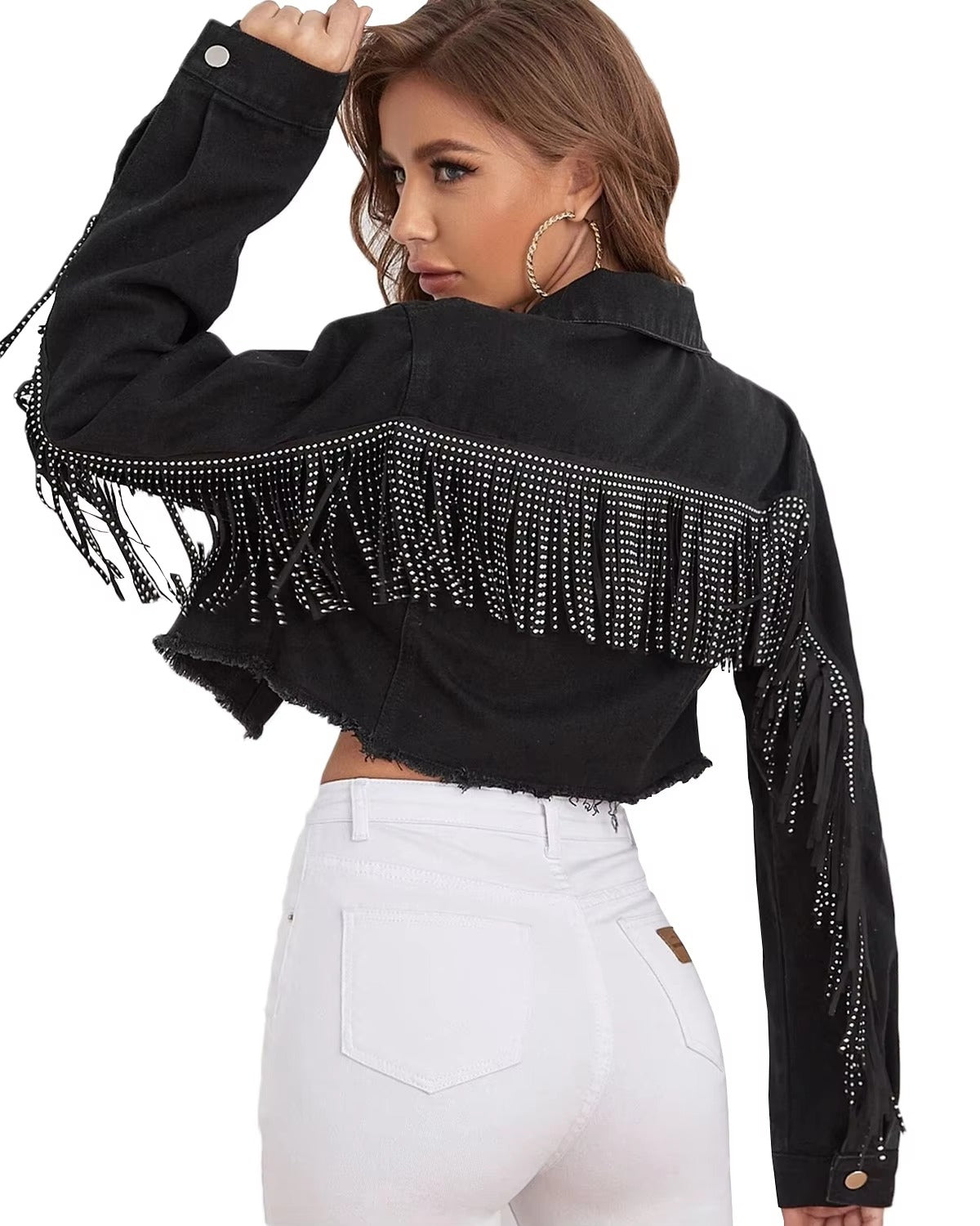 vintage Fringe Tassel Distressed Ripped Crop Denim Jean Jackets
