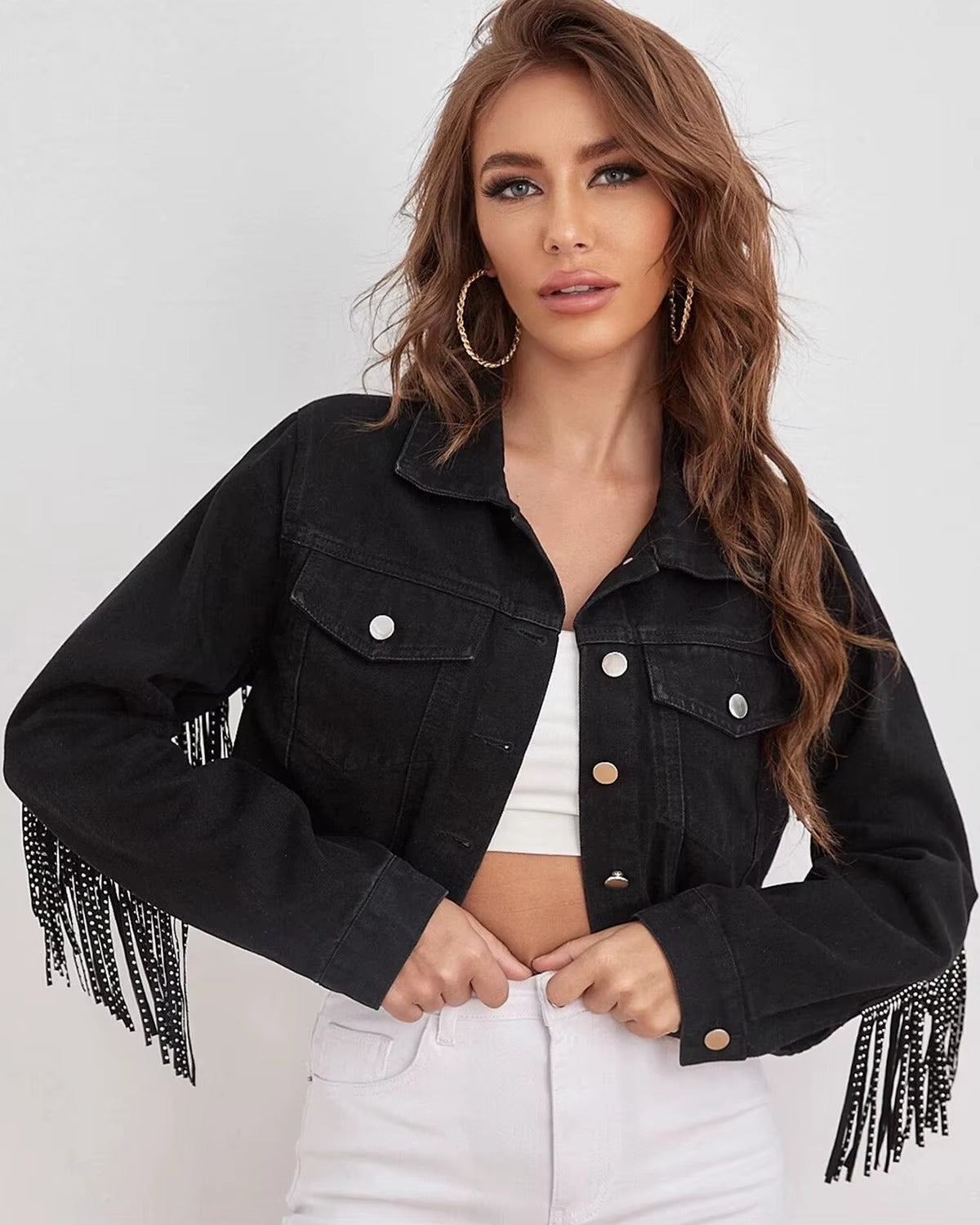 vintage Fringe Tassel Distressed Ripped Crop Denim Jean Jackets