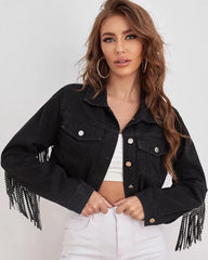 vintage Fringe Tassel Distressed Ripped Crop Denim Jean Jackets