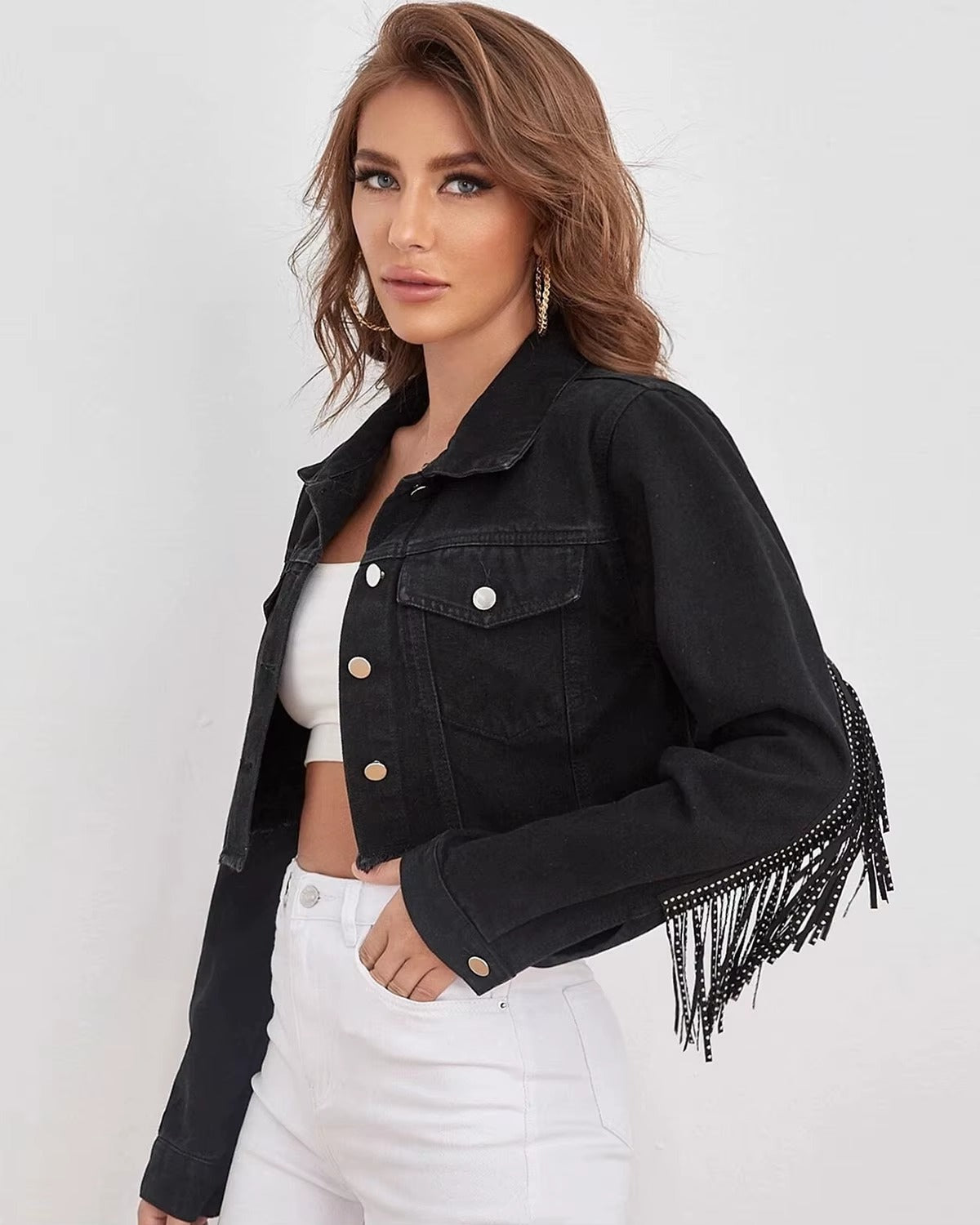 vintage Fringe Tassel Distressed Ripped Crop Denim Jean Jackets