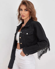 vintage Fringe Tassel Distressed Ripped Crop Denim Jean Jackets
