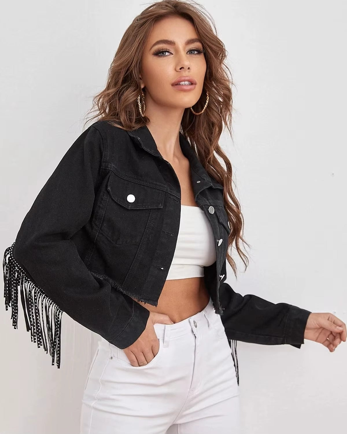 vintage Fringe Tassel Distressed Ripped Crop Denim Jean Jackets
