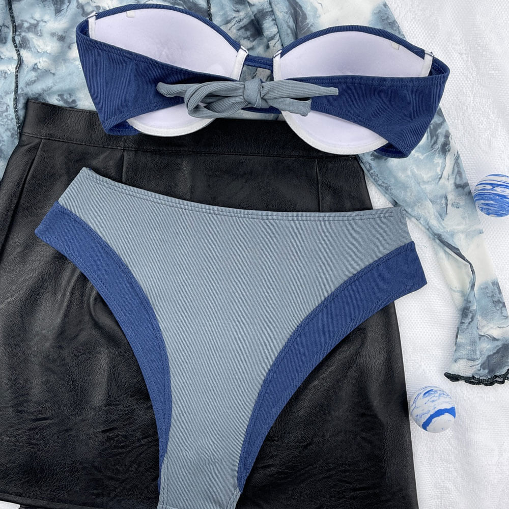Vintage Contrast Rib High Waist Bandeau Brazilian Two Piece Bikini