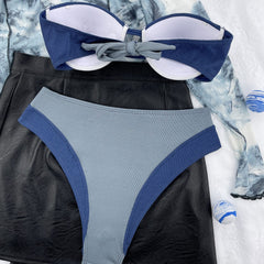 Vintage Contrast Rib High Waist Bandeau Brazilian Two Piece Bikini