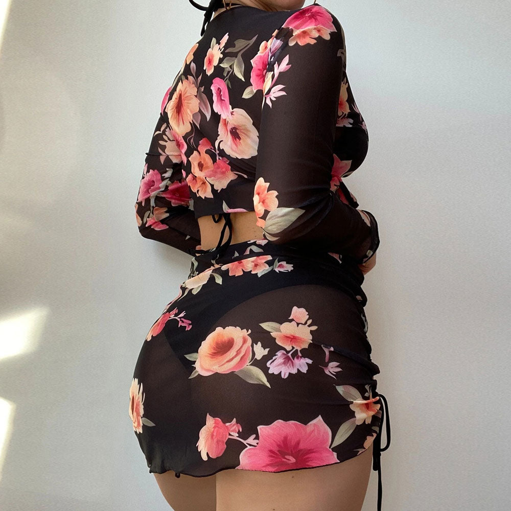 Vintage Floral Cover Up Slide Triangle Brazilian Four Piece Bikini