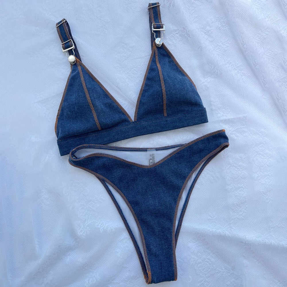 Vintage High Cut Cheeky Denim Triangle Brazilian Two Piece Bikini