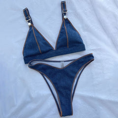 Vintage High Cut Cheeky Denim Triangle Brazilian Two Piece Bikini