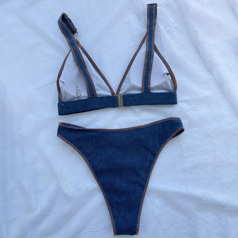Vintage High Cut Cheeky Denim Triangle Brazilian Two Piece Bikini