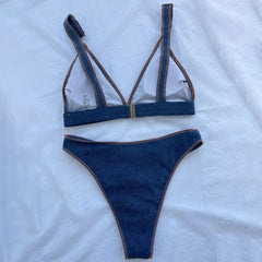 Vintage High Cut Cheeky Denim Triangle Brazilian Two Piece Bikini