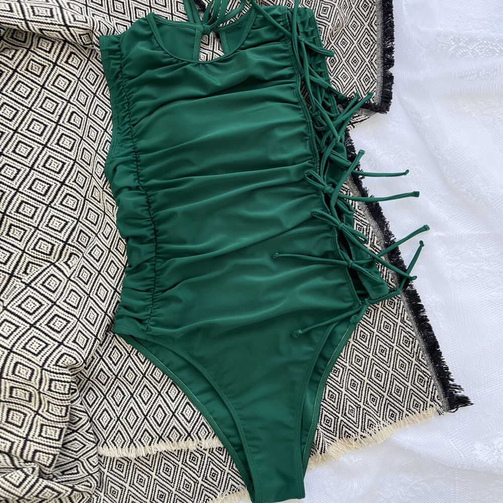 Vintage Ruched Tie Side String High Neck Brazilian One Piece Swimsuit