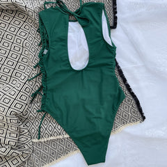 Vintage Ruched Tie Side String High Neck Brazilian One Piece Swimsuit