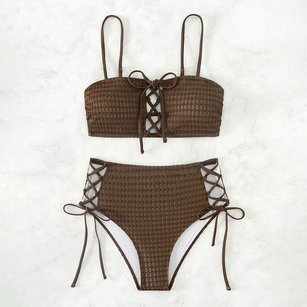 Vintage Textured High Waist Lace Up Cutout Bralette Brazilian Two Piece Bikini