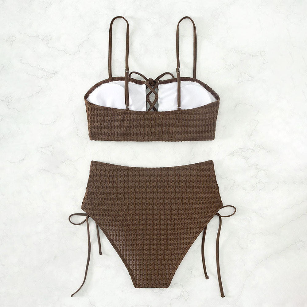 Vintage Textured High Waist Lace Up Cutout Bralette Brazilian Two Piece Bikini