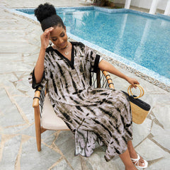 Vintage Tie Dye Print Collared V Neck Brazilian Caftan Cover Up Midi Dress