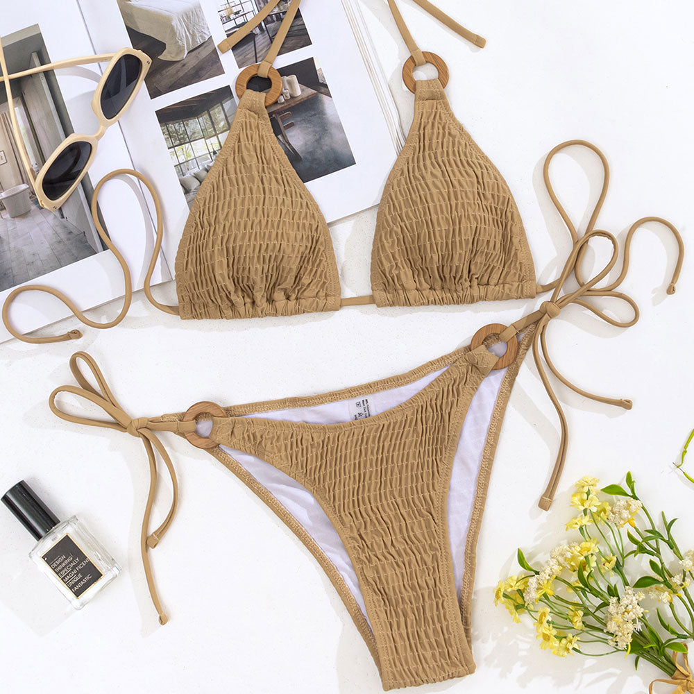 Vintage Tie Side Cheeky O Ring Shirred Triangle Brazilian Two Piece Bikini