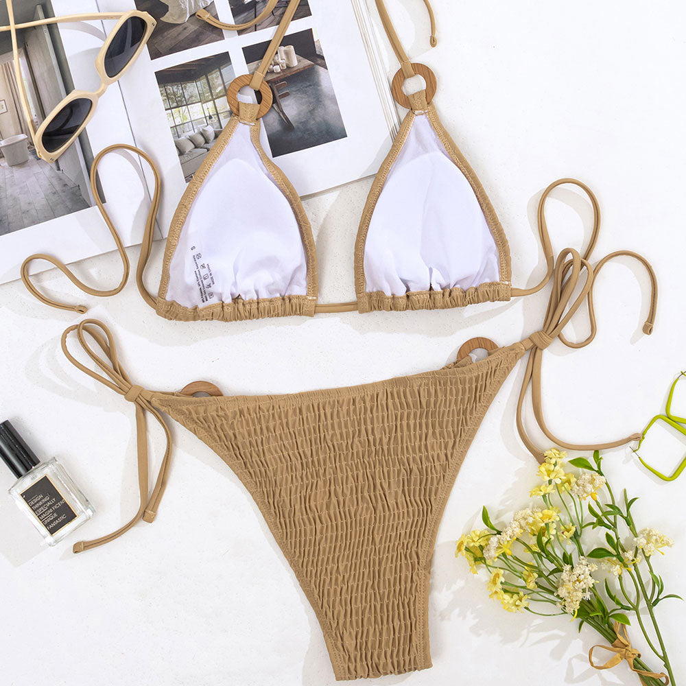 Vintage Tie Side Cheeky O Ring Shirred Triangle Brazilian Two Piece Bikini
