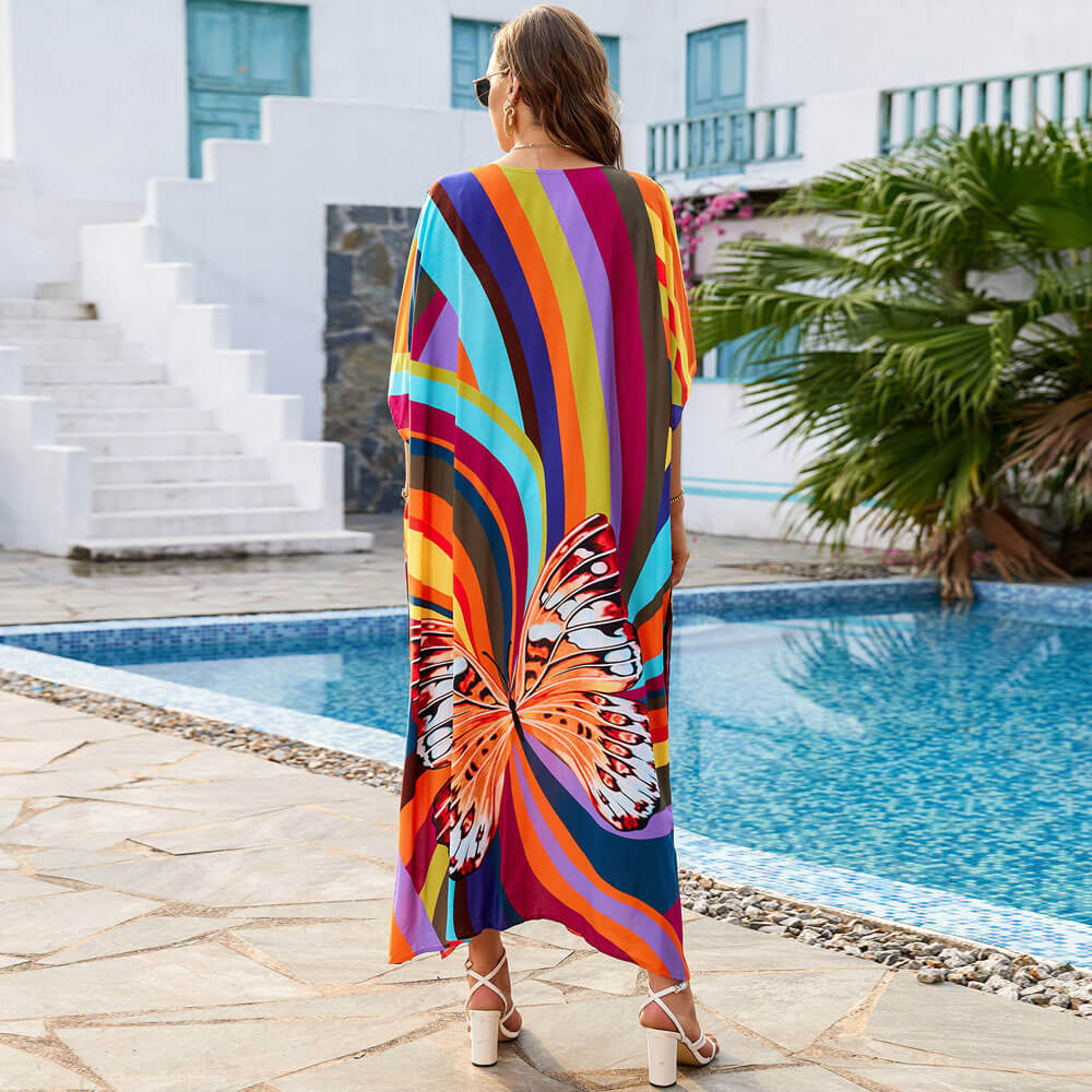 Vivid Butterfly Printed V Neck Short Sleeve Oversized Brazilian Beach Cover Up