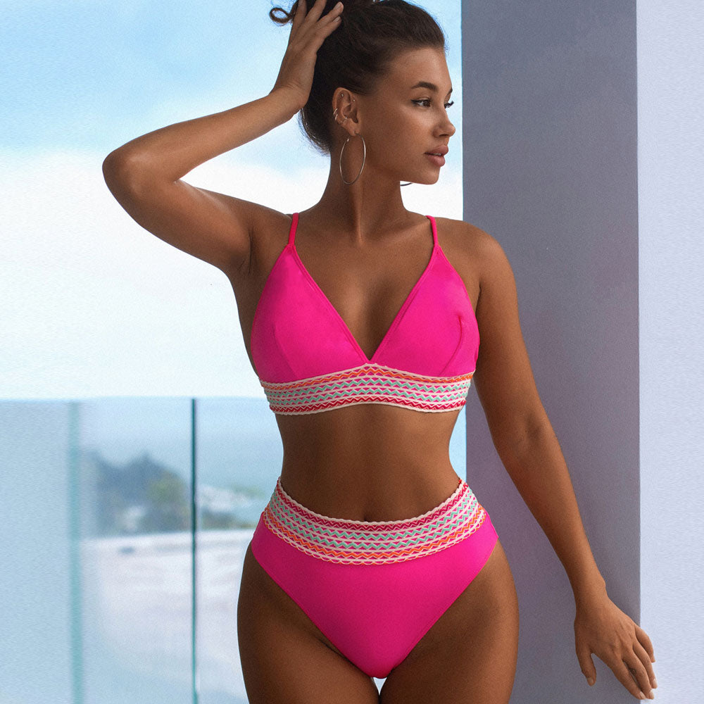 Wavy Crochet Trim High Waist Triangle Brazilian Two Piece Bikini