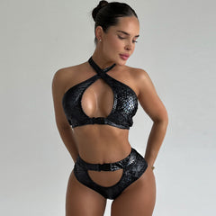 Wild Snake Cut Out Buckle Crisscross Halter Brazilian Two Piece Bikini