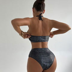 Wild Snake Cut Out Buckle Crisscross Halter Brazilian Two Piece Bikini