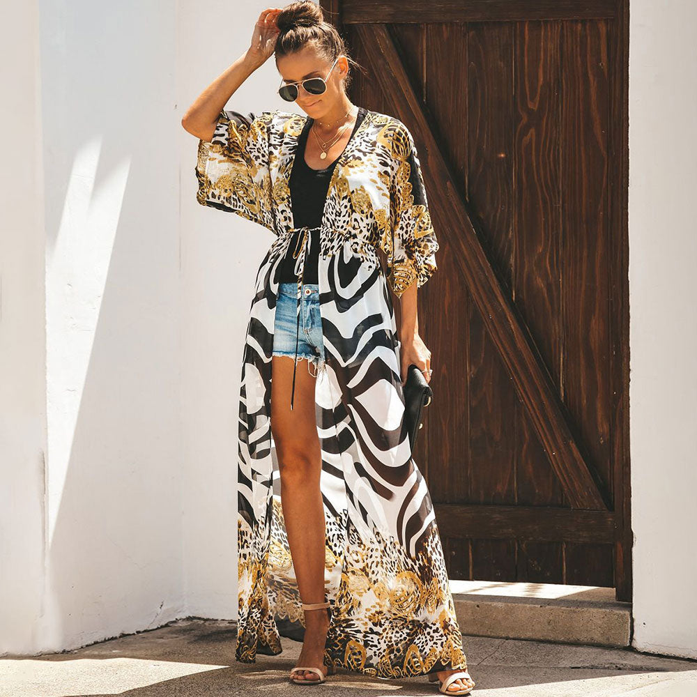 Wild Style Short Sleeve Drawstring Tie Leopard Printed Chiffon Beach Cover Up